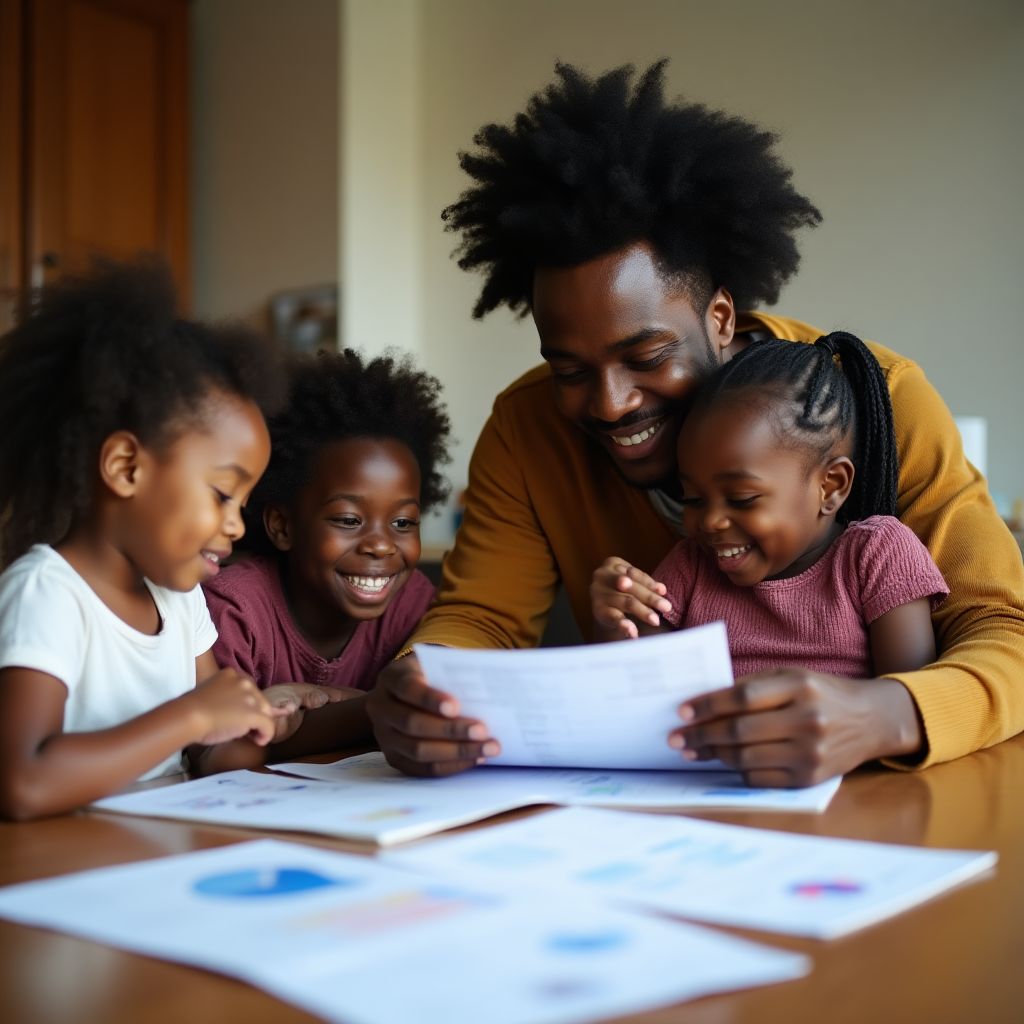 Family showing their budget planning sheets